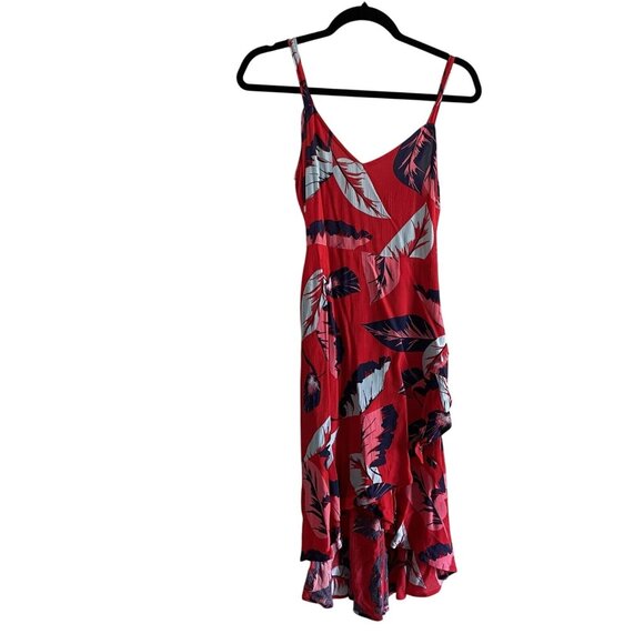 Express Women XXS Red Leaf Print Tropical Hawaiian Ruffle High Low Midi Sundress - Picture 2 of 10